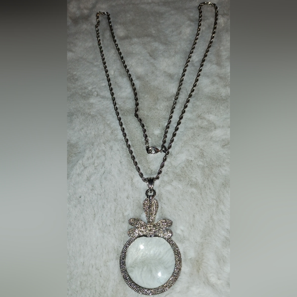 Dragonfly Magnifying Glass Pendant Silver Toned Long Necklace